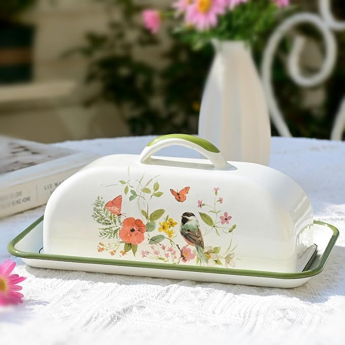 Enamel Butter Dish with Lid Vintage Enamelware Butter Keeper with Flower and by ZZornamentorum