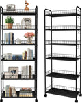 6-Tier Slim Storage Cart with Wheels, 10in Wide Black Narrow Rolling Shelf by RUOZTEOO