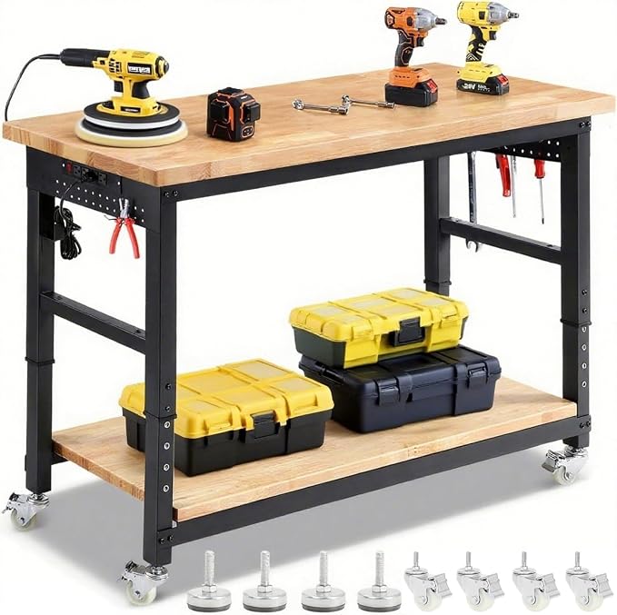 Work Bench with Double Layers 60 x 22 Inch Heavy Duty Rubberwood Tabletop Work by ENJOYWOOD