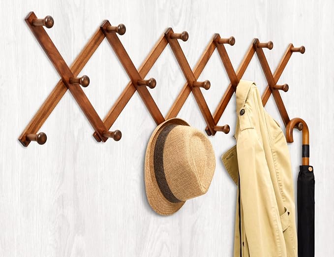 Amber Home Wood Accordion Wall Rack 17 Hooks, Expandable Wall Mounted Hanger by AmberHome
