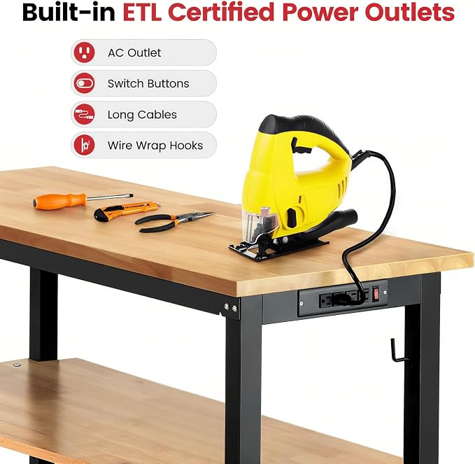 Workbench with Double Layers 48 x 20 Inch Heavy Duty Rubberwood Tabletop Work - Image 7