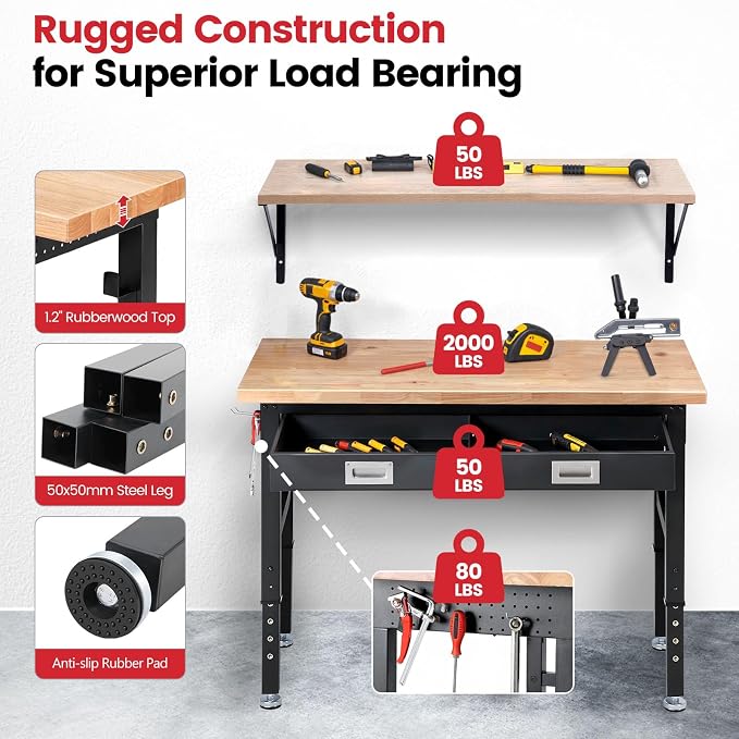 Workbench with Shelf Bracket 48 x 24 Inch Heavy Duty Rubberwood Tabletop Work - Image 2