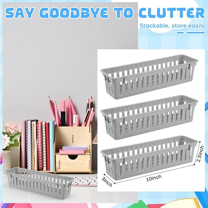6 Pcs Gray Slim Plastic Storage Baskets Tray 10 x 3 x 2.5 Inch Compact - Image 2