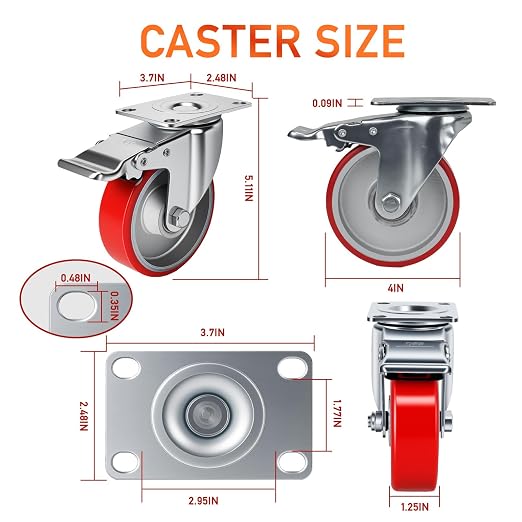 4 Inch Caster, Heavy Duty Caster Wheels Set of 4, Load 2000 Lbs, Polyurethane - Image 2