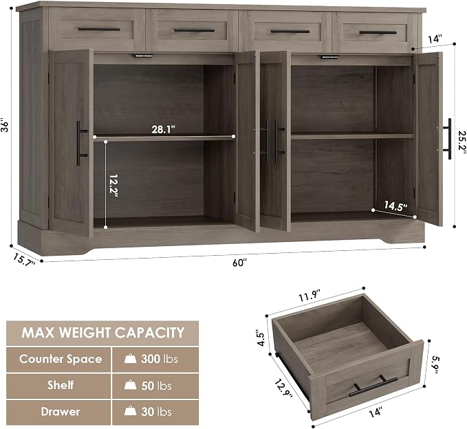 HOSTACK 60" Large Buffet Sideboard - Image 3