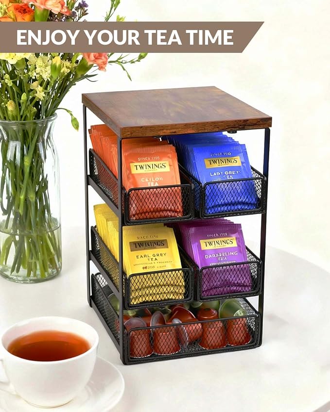 Tea Bag Organizer with 5 Drawers, Wooden & Metal Tea Storage Organizer - Image 5