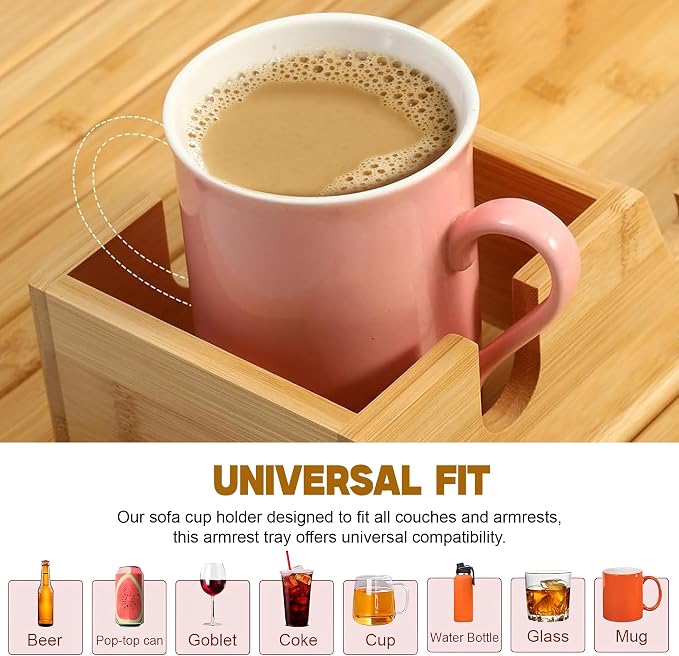 Adjustable Bamboo Couch Cup Holder – Foldable Non-Slip Sofa Arm Tray Couch Caddy - Image 4