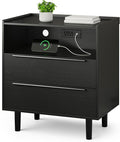 26" Tall Black Nightstand with Charging Station, 2 Drawer Contemporary Modern by RIHHA