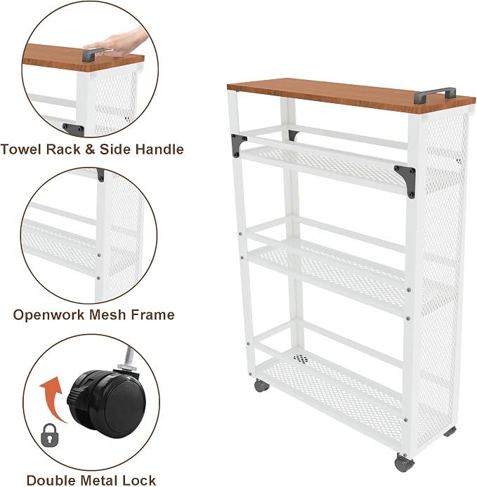2025 New, Slim Kitchen Storage Cart, 3 Tier Metal Rolling Utility Cart Mesh - Image 4