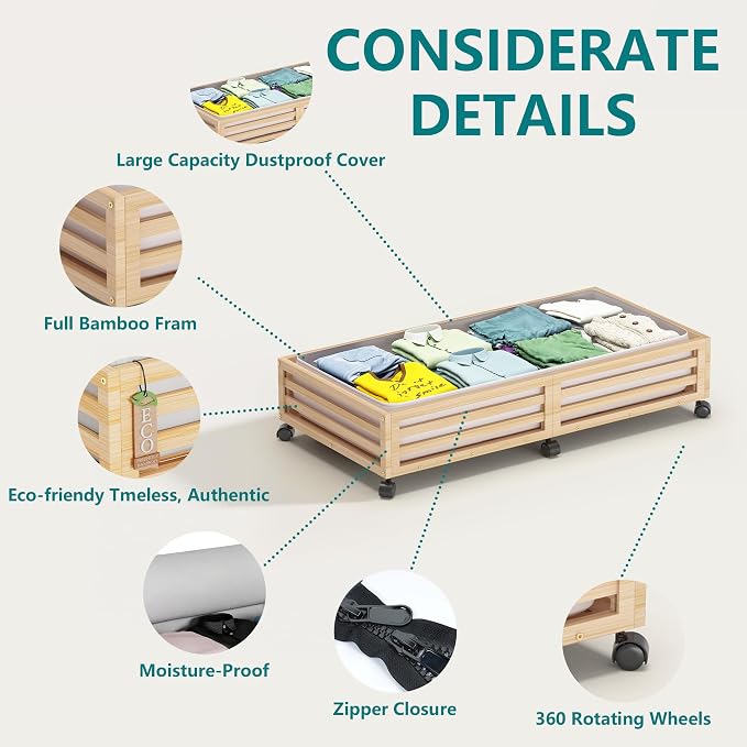 Wisuce Bamboo Under Bed Storage Containers- Underbed Organizer - Image 3