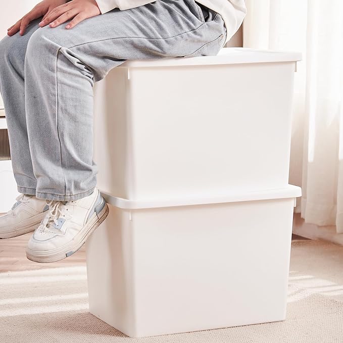 White Storage Bins with lids, Office stackable Plastic Boxes Set of 4, Garage - Image 2
