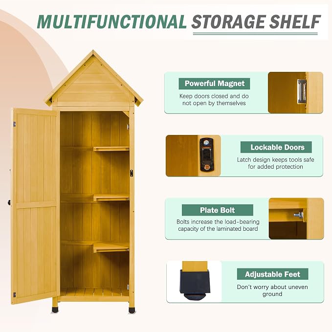 Wooden Outdoor Storage Cabinet, Tall Vertical Garden Tool Shed - Image 4
