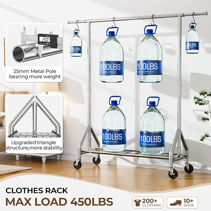 Heavy Duty Clothes Rack Load 450 LBS, Metal Garment Rack, Standing Rolling - Image 2