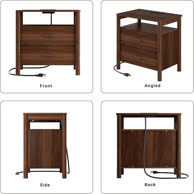 Night Stand with Charging Station, 2 Drawers Nightstand with Open Shelf - Image 7