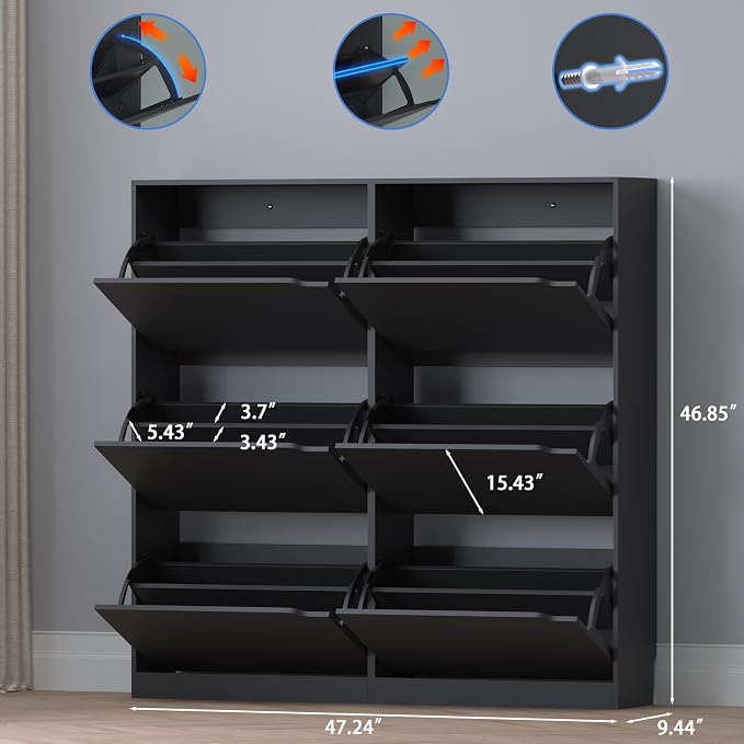 Shoe Cabinet with 6 Flip Drawers, Slim Narrow Shoe Storage Cabinet, - Image 2
