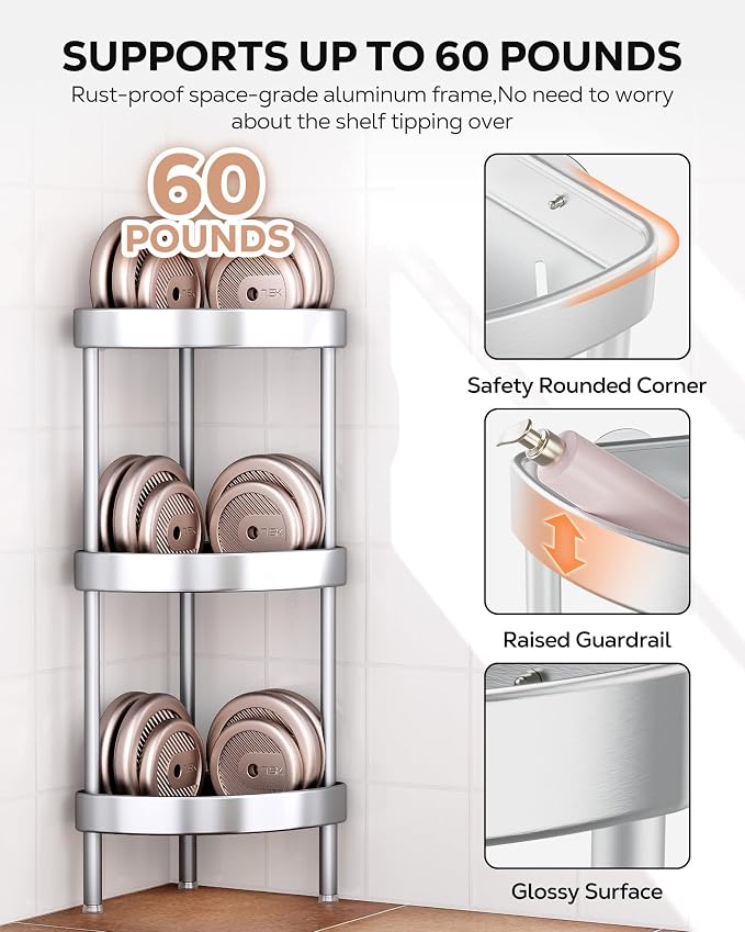 Nieifi Corner Shower Caddy Stand-4 Tier Rustproof Anodized Aluminum Standing - Image 7