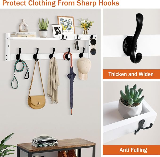 29'' Coat Rack Wall Mount with Shelf, Coat Hanger Wall Mount with Key Hooks and - Image 3