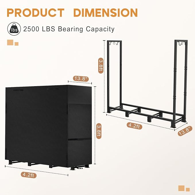 4ft Firewood Rack Outdoor with Waterproof Widened Cover, Heavy Duty Firewood - Image 3