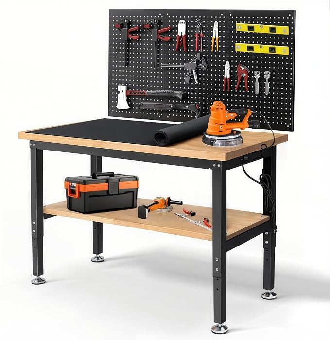 Workbench with Double Layers 48 x 20 Inch Heavy Duty Rubberwood Tabletop Work by ENJOYWOOD