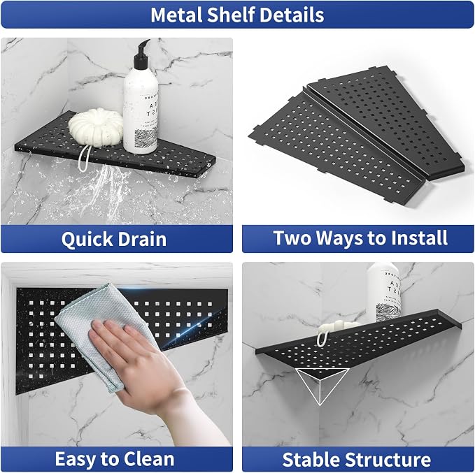 Corner Shower Shelf, Matte Black 12" 304 Stainless Steel Trapezoid Grout in - Image 4