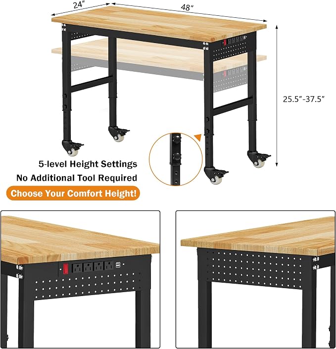 Betterhood 48" Adjustable Workbench on Wheels, Rubber Wood Heavy Duty - Image 2