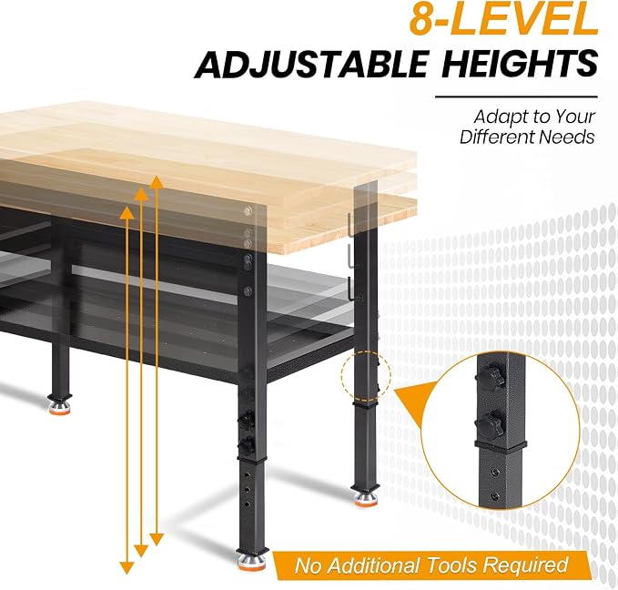 48"/60'' Adjustable Workbench, Rubber Wood Work Bench Heavy-Duty - Image 7