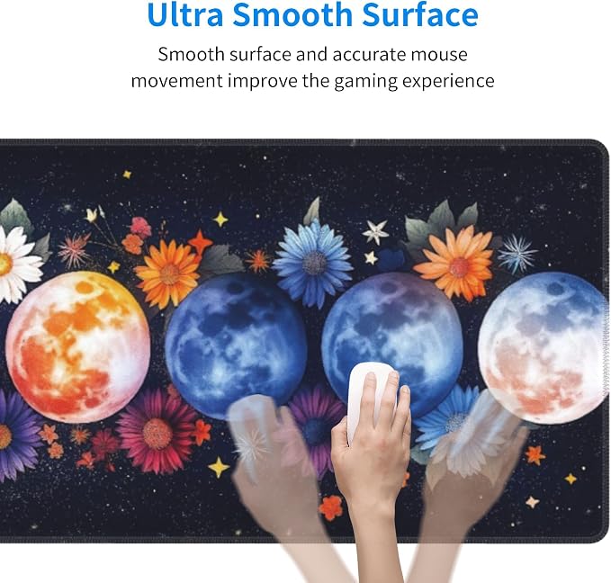 Colorful Moon Phases Large Mouse Pad, Watercolor Flowers Gaming Desk Mat - Image 6