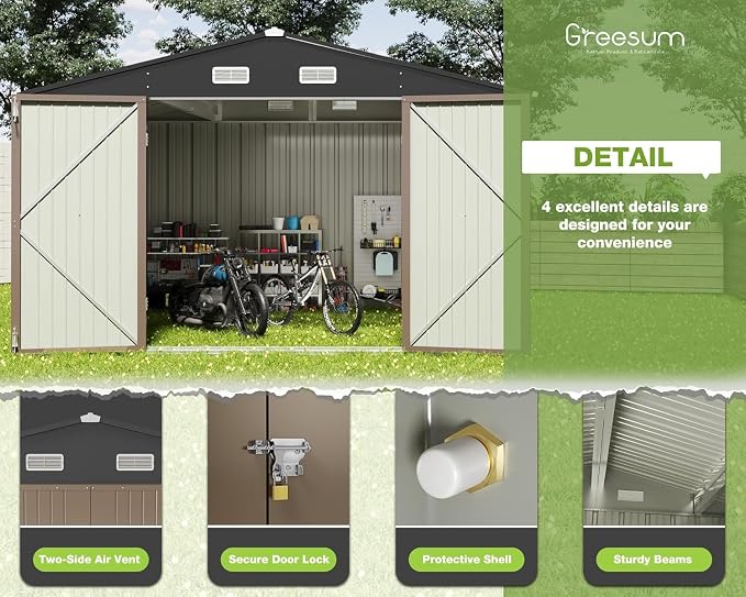 Greesum 10x10FT Outdoor Storage Shed, Utility Tool Shed Metal Storage Garden - Image 5