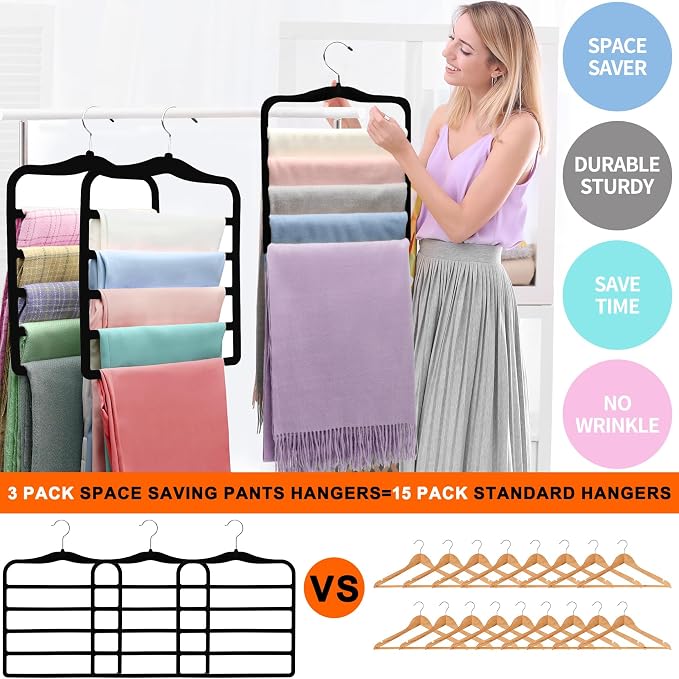 Closet Organizers and Storage, 5 Pack Pants Hangers Space Saving, Velvet Hangers - Image 4