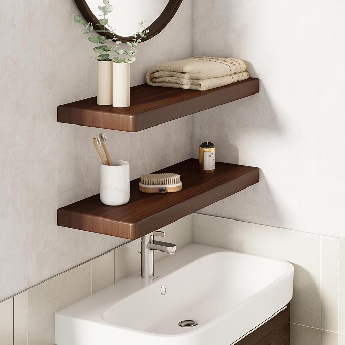 24" Rustic Walnut Wood Floating Shelves, 8 Inch Deep Wall Shelves - Image 2