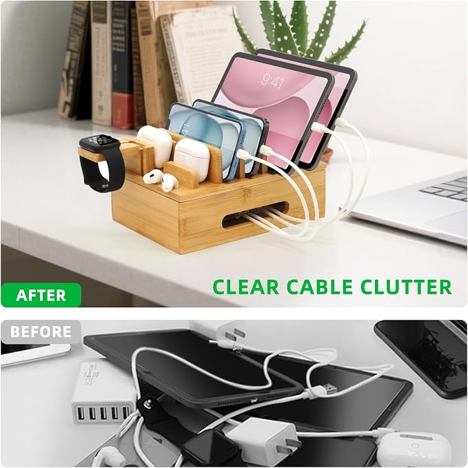 Bamboo Charging Station for Mutil Devices, Desktop Charging Station Organizer - Image 3