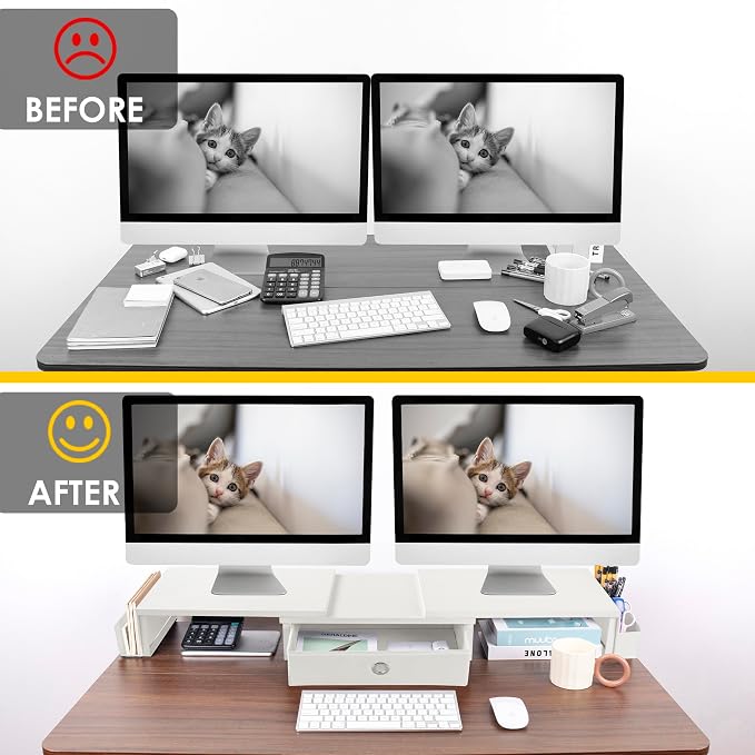 Dual Monitor Stand Riser w/ Drawer & Metal Leg, Large White Computer Monitor - Image 5