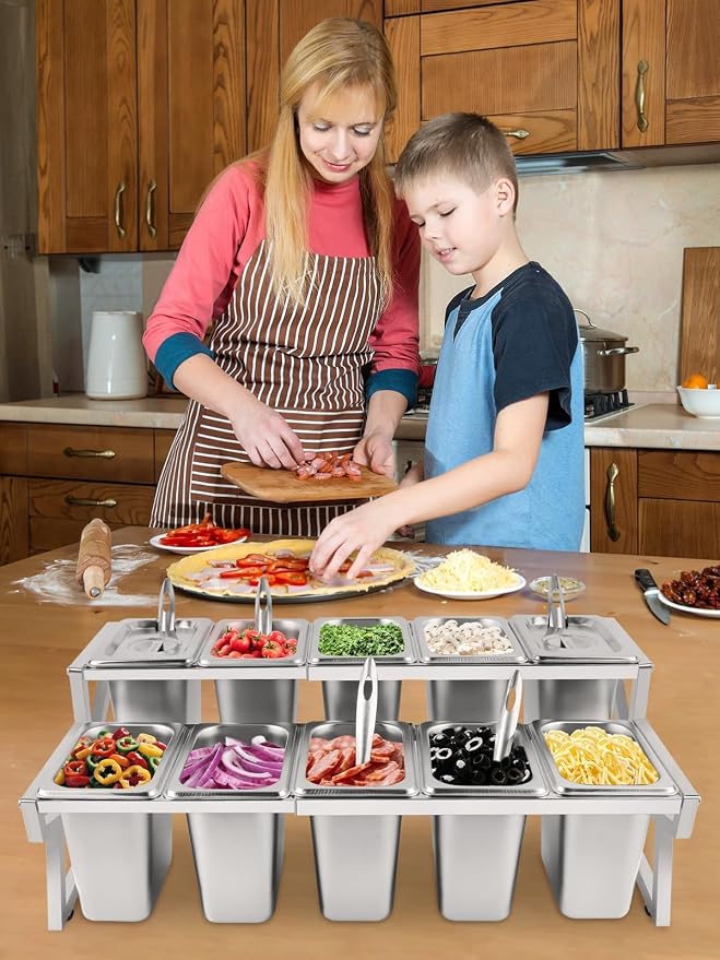 Kalolary 10 Pans Pizza Topping Storage Station, 2 Row Adjustable Stainless - Image 7