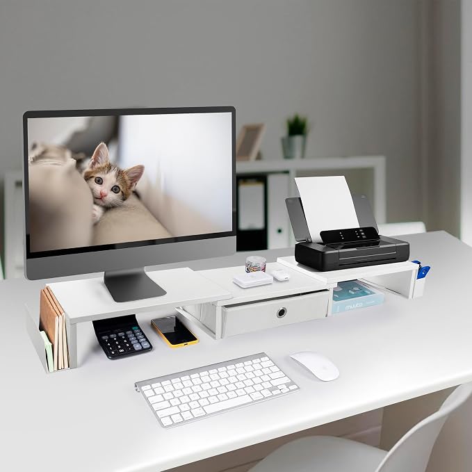 Dual Monitor Stand Riser w/ Drawer & Metal Leg, Large White Computer Monitor - Image 6