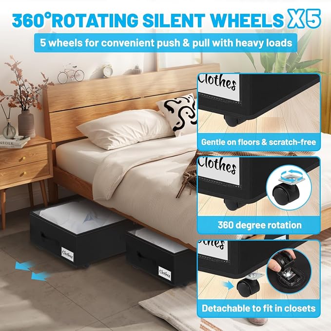 2 Pack Under Bed Storage with Wheels 6.7" Height, Rolling Storage Bins XL 50L - Image 4