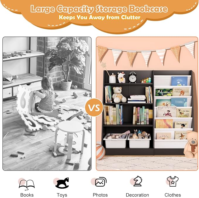 Black Kids Bookshelf Wood Toy Storage Organizer Cabinet Children Bookcase - Image 5