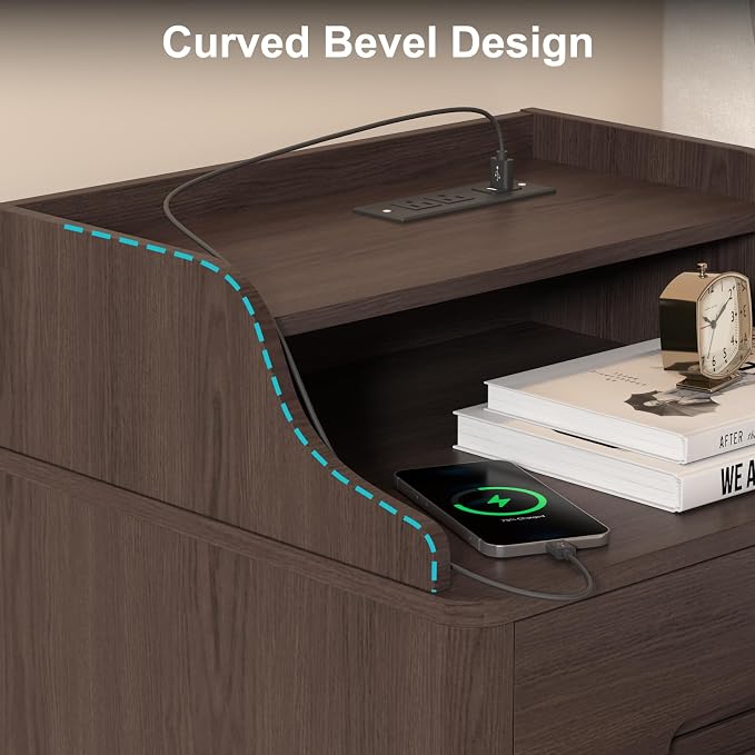 Nightstand with Charging Station, Wood Night Stand with Hidden Handle - Image 7