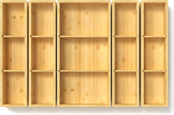5 pieces Bamboo Drawer Organizer, Adjustable 3 Individual Junk Drawer organizer by DUJEN