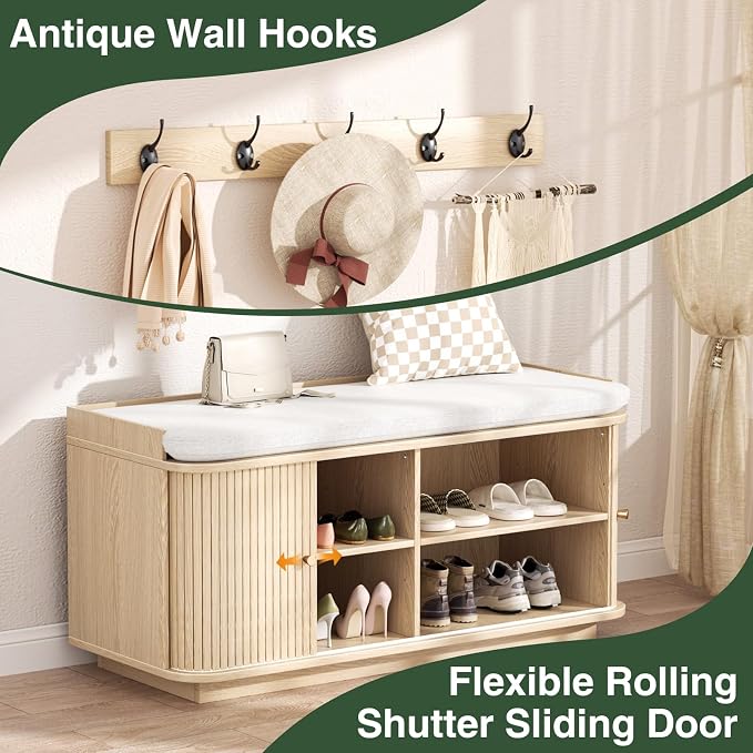 Hall Tree with Bench and Shoe Storage, Entryway Bench with Sliding Door Cabinet - Image 4
