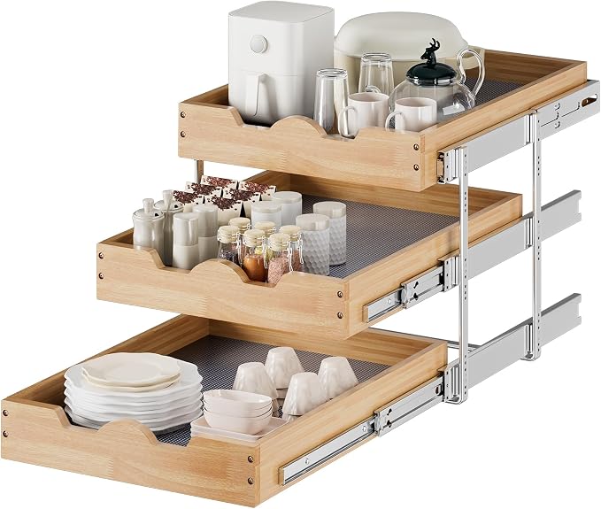 DINDON 3 Tier Pull Out Cabinet Organizer 17”W X21”D Slide Out Shelves by DINDON