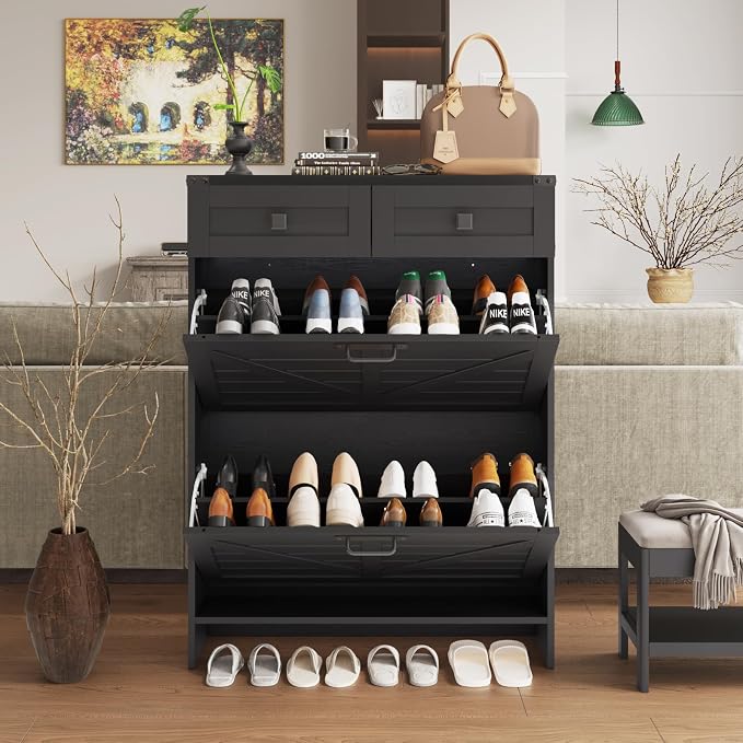 Shoe Cabinet with 2 Flip Drawers & 2 Drawers, Farmhouse Shoe Storage Cabinet - Image 8