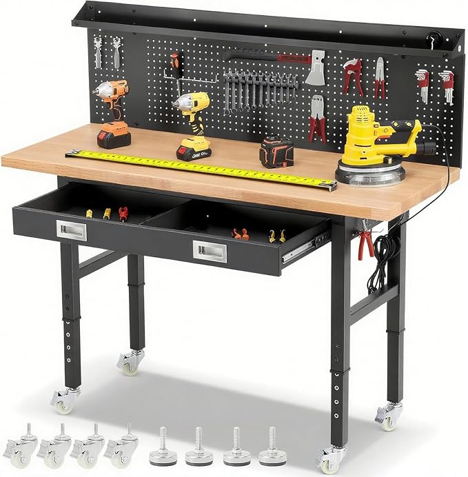 Work Bench with Wheels 60 x 22 Inch Heavy Duty Rubberwood Tabletop Work Table by ENJOYWOOD