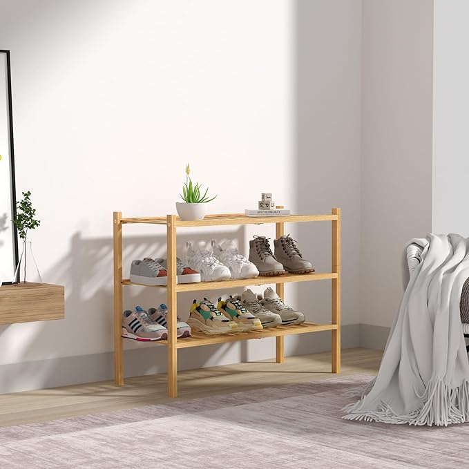 3 Tier Bamboo Shoe Rack for Closet Free Standing Wood Shoe Shelf Storage - Image 7