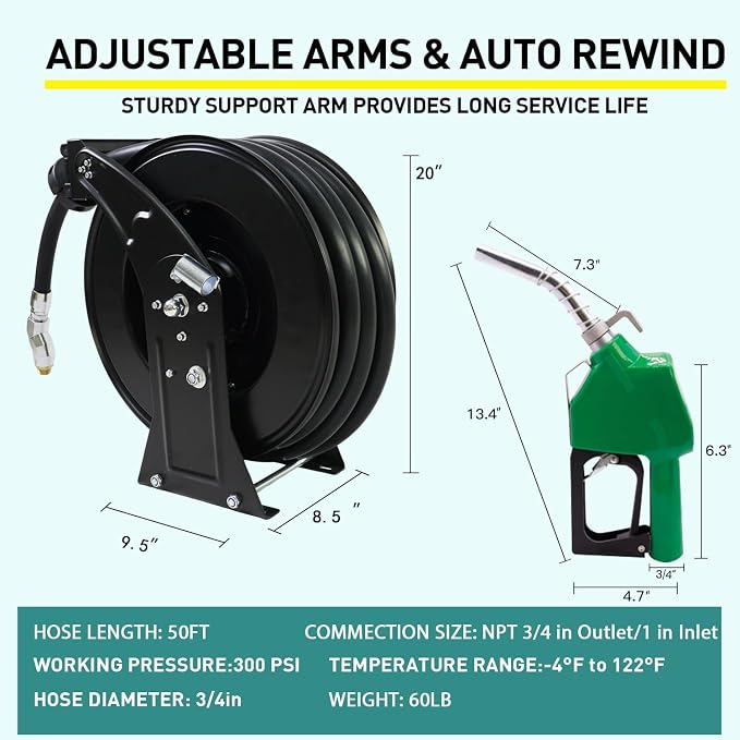 Fuel Hose Reel, 3/4"X50' Retractable Ratchet Spring Driven Diesel Hose Reel - Image 2