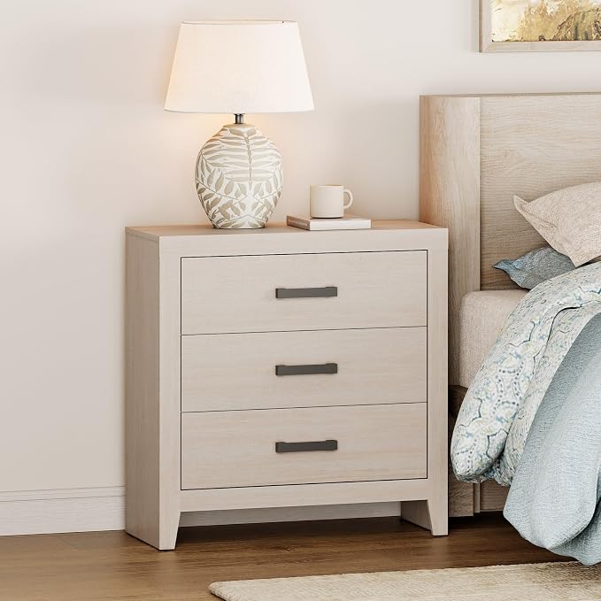 WAMPAT Farmhouse 3 Drawer Nightstand Set of 2, Large Wood Bedside Tables - Image 5
