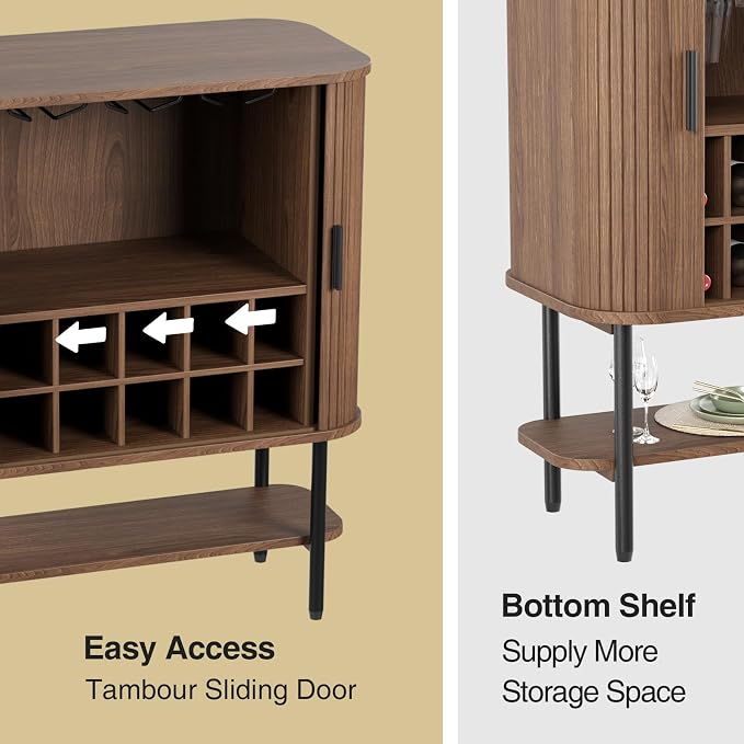 Coffee Bar Cabinet with Storage, Fluted Wine Cabinet with Sliding Doors - Image 6