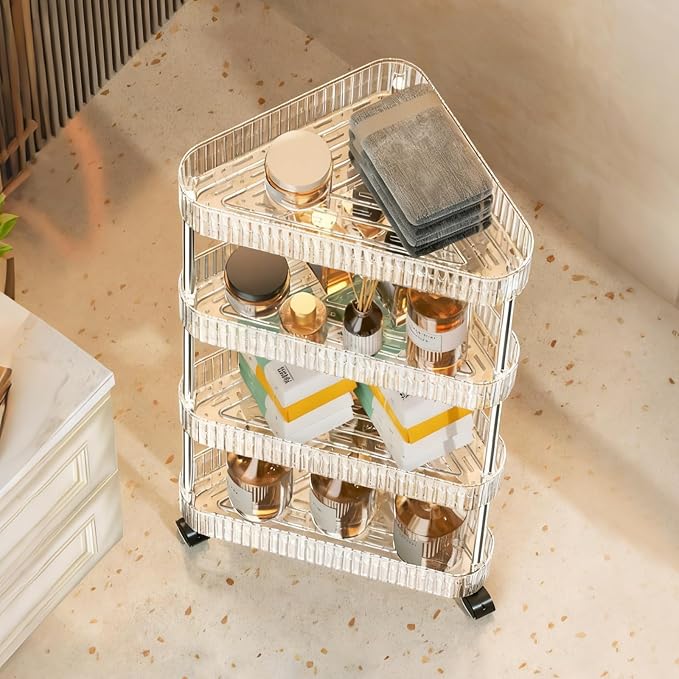 4 Tier Triangle Acrylic Rolling Storage Cart, Barhroom Corner Shelf, Slim - Image 4