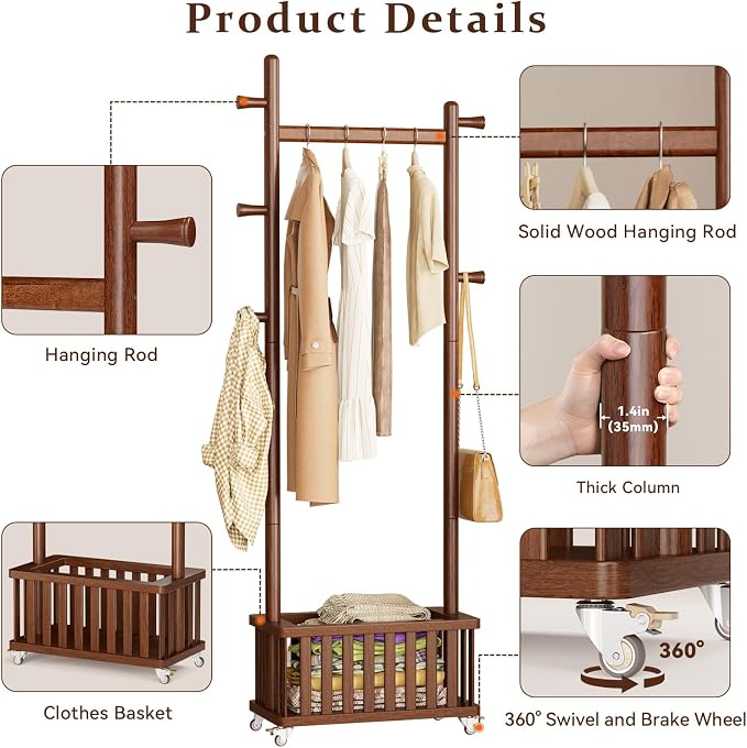 Solid Wood Coat Rack Clothes Rack, Coat Rack Freestanding - Image 3
