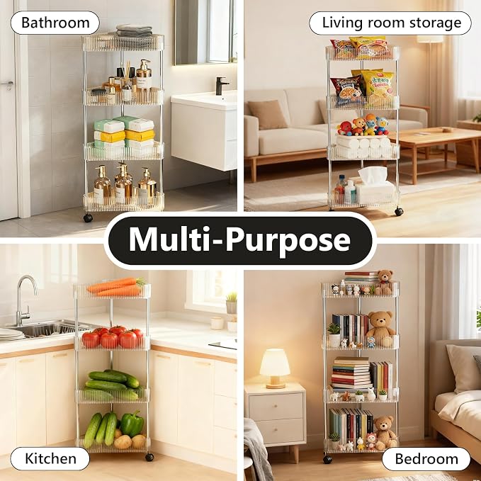 4 Tier Triangle Acrylic Rolling Storage Cart, Barhroom Corner Shelf, Slim - Image 5