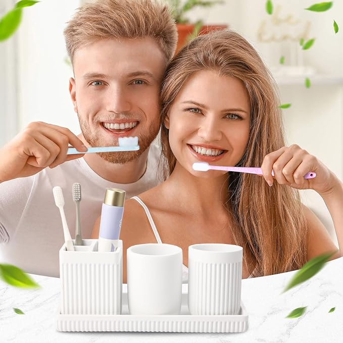 Resin Bathroom Toothbrush Holder Set, Matte White Bathroom Accessories Set 4 Pcs - Image 2